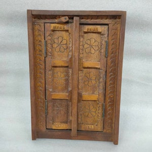 Old Wooden Hand Floral Carved Window Door Framed Wooden Lock System Floral Work Door Hanging Home Decor Window Old Antique Look