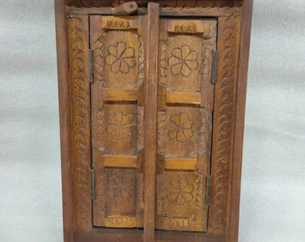 Old Wooden Hand Floral Carved Window Door Framed Wooden Lock System Floral Work Door Hanging Home Decor Window Old Antique Look