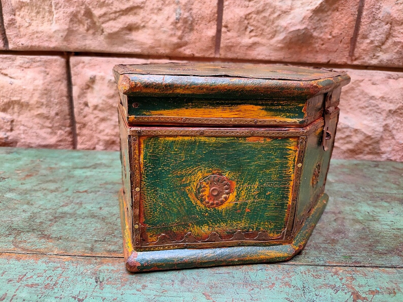 Antique Wooden Storage Box Old Artistic Hand Painted Box Brass Floral