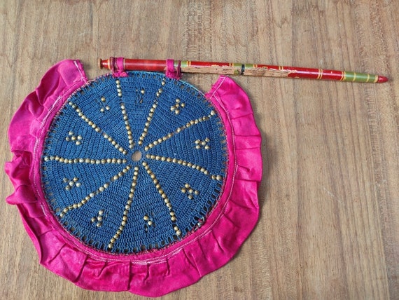 Old Beads Work Hand Fan Unique Thread Work Blue H… - image 1