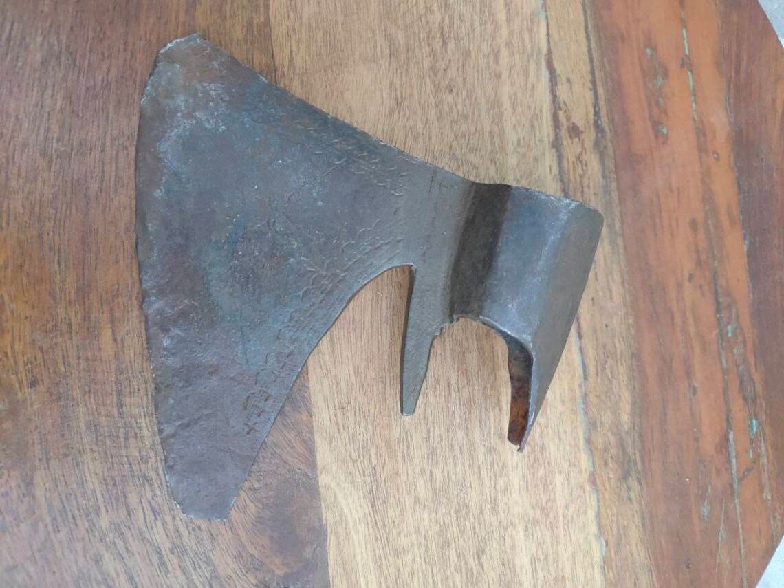 Antique Original Iron Axe Head Hand Engraved Axe Head Floral Carved