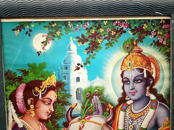 希少、ヒンドゥー教の神々、クリシュナ達、プリントキャンバス絵画