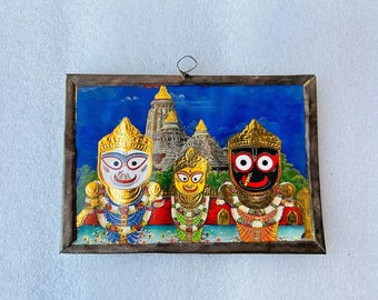 Marco de hierro indio vintage, impresión del dios hindú Jagannath Puri, pequeño colgante de pared indio antiguo, impresión litográfica del dios Jagannath Ji