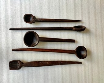 Antique Wooden Spoon Old Hand Carved Holy Spoon Hand Made Unique Shape Oil Spoon Ghee Spoon Home Decor Spoon 5 pc lot