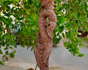 Antique Wood Hand Carved South India Wild Elephant Fish Figurine Wall Bracket Panel Makhara Wall Panel