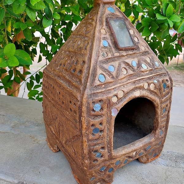 Antique Paper Pulp Box Hand Made Hut Shape Bird Cage Old Mirror Work Box Tribal Design Carved Cage Pot Box Indian Home Decor