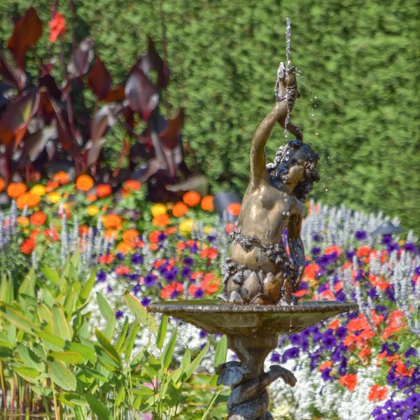 Bright Flower Garden Picture, Formal Italian Garden Bronze Cherub Fountain Photo Floral Photography Italian Art Print Orange Wine Red Purple