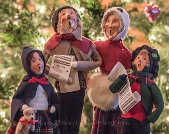 Old-fashioned Christmas Carolers Picture Seasonal Gift Holiday Cheer Winter Wall Art Print Cream Maroon Holiday Photo Still Life Photography