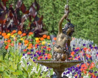 Bright Flower Garden Picture, Formal Italian Garden Bronze Cherub Fountain Photo Floral Photography Italian Art Print Orange Wine Red Purple