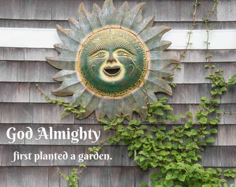 Rustic Metal Sunflower Photo ~  Garden Decoration Photography  ~  Long Island Quaint Art Print, Gray Shingles Green Vines Climbing Hydrangea