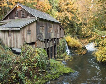 Rustic Mill on Creek Rapids ~ Rustic Wall Decor ~ Casual Man Cave Wall Art, Autumn Forest Landscape Print, Weathered Wood Gold Leaves Photo