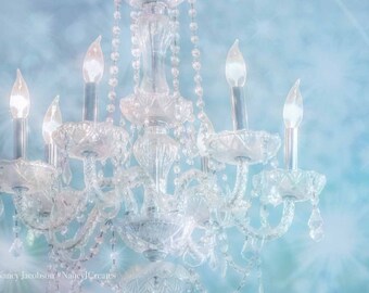 Dreamy Nursery Art for Girl's Room Decor, Sparkling Chandelier Print, Victorian Bedroom Wall Art, Starlight Picture, White and Teal Photo