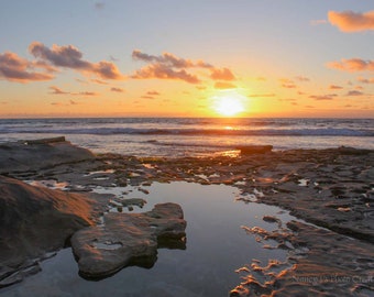 La Jolla Sunset Print, Serene Sunset over Beach Tidepools, Apricot Glow Seascape Wall Art, Coastal Wall Decor, Rocky Beach Picture, Zen Art