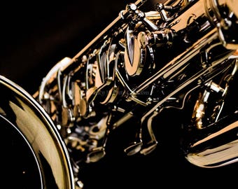 Saxophone Gift, Music Print, Dark Art, Black Gold Saxophone Picture, Music Wall Art Jazz Instrument Photo Contemporary Art Music Photography