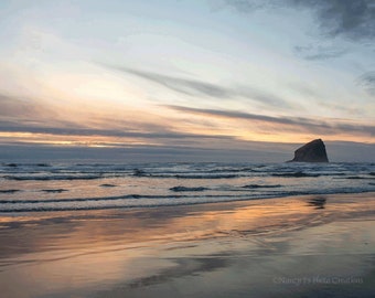 Beach Print ~ Glowing Sunset Photography ~ Pacific Ocean Photo  ~ Coastal Art, Casual Decor, Pastel Peach Gray Home Decor Nature Photography