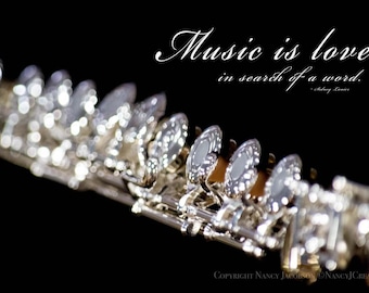 Impressionist Photography, Music Wall Art, Sparkling Silver Flute Photo, Gift for Music Lover, Music is Love Quote Dreamy Musical Instrument