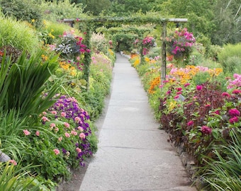 Path through Lush Garden Wall Art, Colorful Flowers Butchart Gardens Picture, Floral Home Decor, Arches Hanging Basket Orange Purple Fuchsia