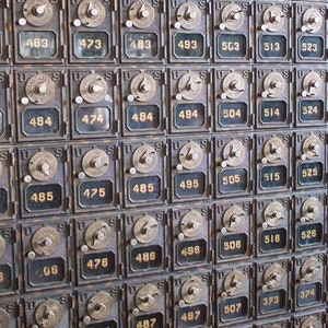 Rustic Wall Art, Antique Mailboxes, Historic Post Office Boxes, Geometric Print, Antique USPS Metal Boxes Steilacoom Washington Travel Photo