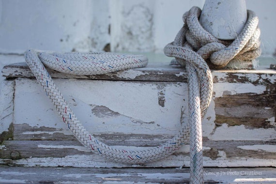 Sailing Knot Picture, Nautical Wall Art, Rope Tied to Dock Rustic Print, Coastal Photography, Guy Gift, Weathered Wood Blue-gray Home Decor