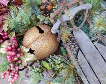 Vintage Sled Photo, Rustic Winter Wall Art, Weathered Wood Sled Print, Christmas Bell Still Life Photo, Red Berries Holiday Greenery Picture