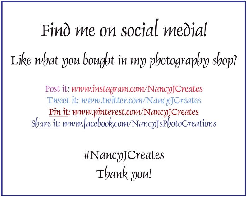May include: Text graphic with the words "Find me on social media!" and "Like what you bought in my photography shop?" followed by links to the seller's social media accounts: Instagram, Twitter, Pinterest, and Facebook. The text also includes the hashtag #NancyJCreates and the words "Thank you!"