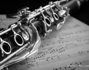 Clarinet Art ~ Musical Instrument Photography, Gift for Musician, Large Art, Music Decor, Black and White Photography, Music Wall Art