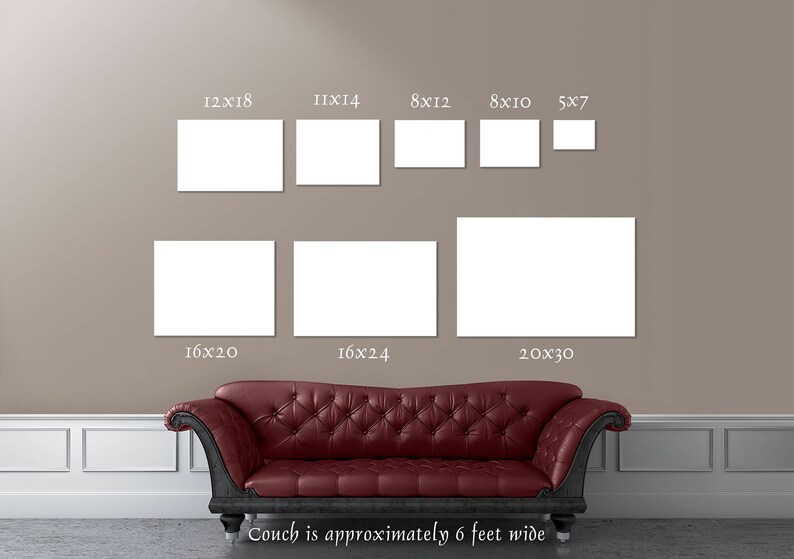 May include: A beige wall with a couch in front of it. The wall has nine white frames with different dimensions, each labeled with the dimensions in inches. The frames are arranged in three rows. The couch is red with a tufted back and is approximately 6 feet wide.