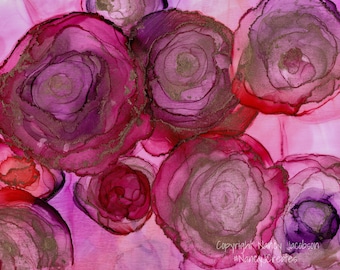 Red Flower Art Print from Alcohol Ink Roses Peonies, Purple Pink Magenta Violet Floral Painting, Impressionistic Print, Flowing Wall Art