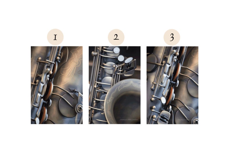 May include: Close-up of a silver saxophone with black keys and a brown leather strap. The saxophone is decorated with a silver design.