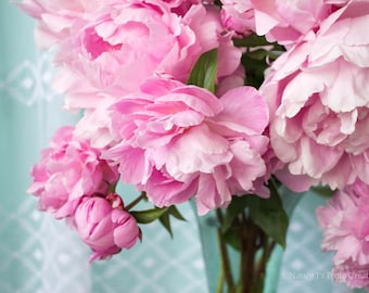 Pink Peony Print, Gift for Her, Floral Wall Art, Pink Flower Photography, Peony Bouquet, Floral Print Teal Feminine Wall Decor Pink Wall Art