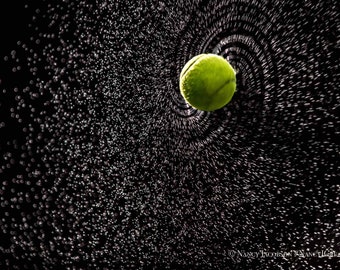 Tennis Wall Art, Spinning Tennis Ball Spraying Water Action Sports Print, Powerful Spin Serve Tennis Art, Black and White Spray Photo