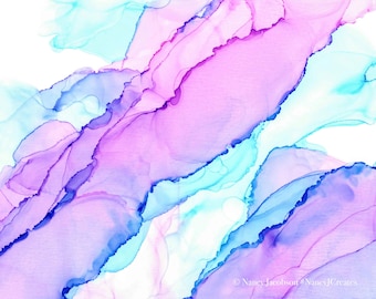 May include: Abstract art painting with flowing blue and purple paint on a white background.