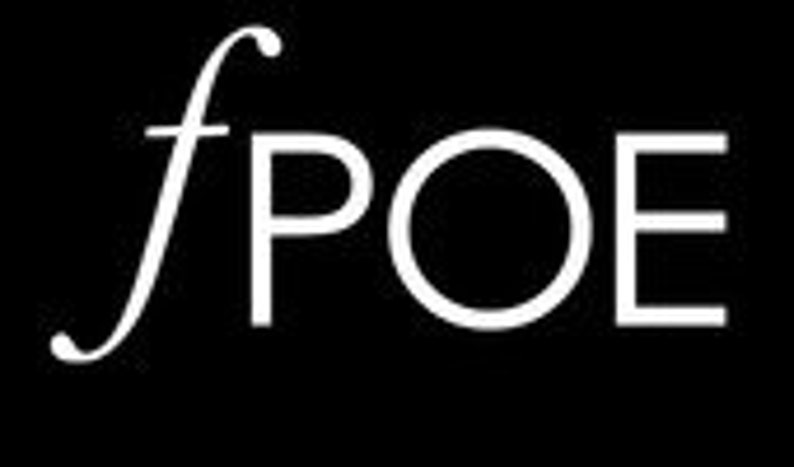 May include: White logo with the word "fpoe" in a sans-serif font. The "f" is stylized with a cursive script.