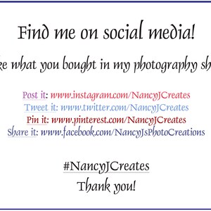 Pode incluir: Gr&aacute;fico de texto com as palavras "Find me on social media!" e "Like what you bought in my photography shop?" seguido de links para as contas de m&iacute;dia social do vendedor: Instagram, Twitter, Pinterest e Facebook. O texto tamb&eacute;m inclui a hashtag #NancyJCreates e as palavras "Thank you!"