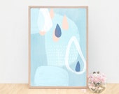 A3 Large Soft Blue and Raindrops Painting, No 62, Art Print, Baby Blue Abstract Print, Abstract Blue Art for Boys Room, Open Edition.
