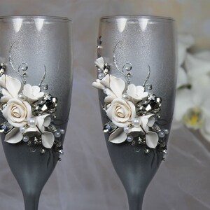White Roses Wedding Champagne Flutes: Rhinestone Floral Toasting Glasses, Set of 2