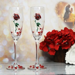 Beauty and the Beast Enchanted Rose Wedding toast flute - Wedding Champagne Glasses - Magic of the Roses - Red Roses toasting flutes