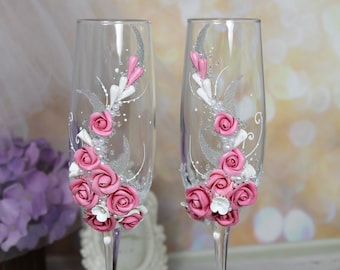 Rosa Rosen Hochzeit Sektgläser: Handgemachte Perlen Gläser