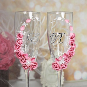 Pink Roses Wedding champagne glasses - Personalized rhinestones Wedding toasting flutes - Wedding favor-Wedding gift - Floral glasses