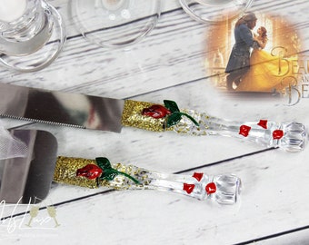 Beauty and the Beast Enchanted Rose Wedding Cake Knife Set-Red Roses Cake Server&Knife-Gold glitter Wedding Cake Accessories-Cake CuttingSet