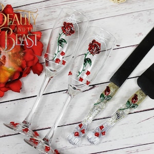 Beauty and the Beast Enchanted Rose wedding set-Red roses weding champagne glasses&cake server set-Wedding toast flute and cake cutting set