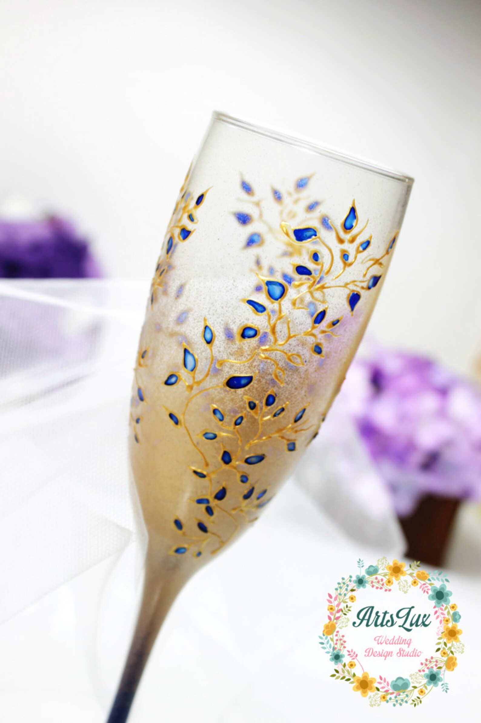 Gold&royal Blue Wedding Champagne Glasseshand Painted Wedding Etsy