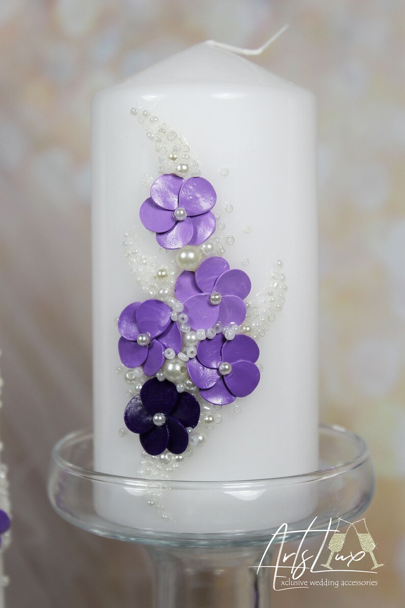Wedding Unity Candles Set With Purple Flowersivory Pearls Etsy