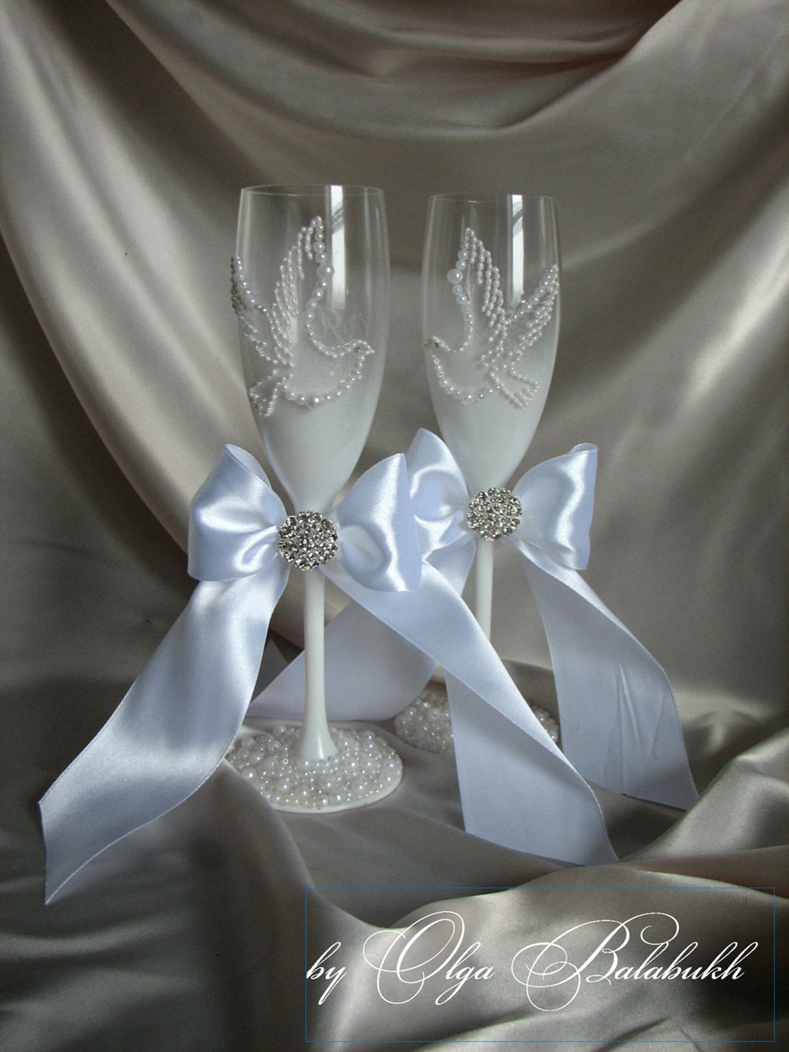 Wedding champagne glasses with pigeonsWedding pearls toasting Etsy