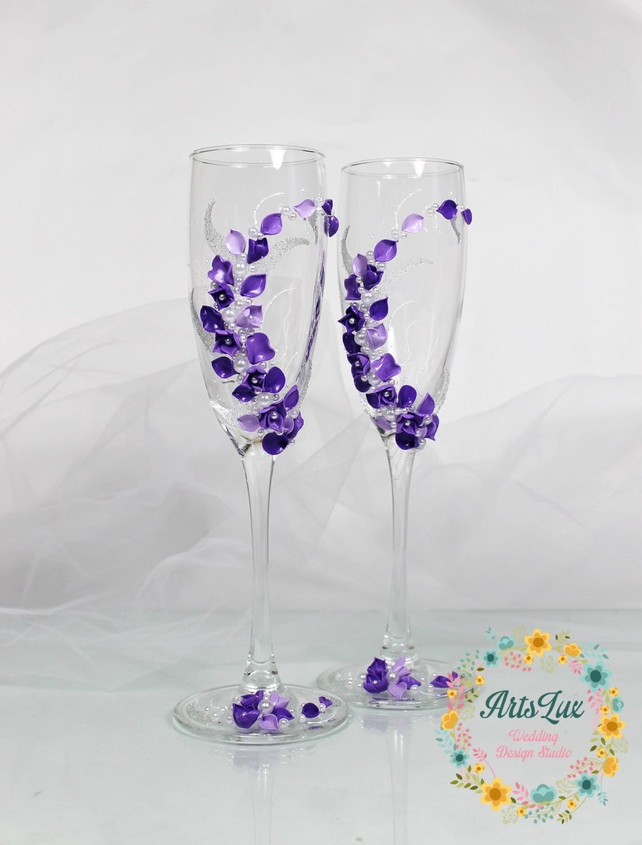 Wedding Champagne Glasses With Romantic Purple Flowers-wedding - Etsy UK