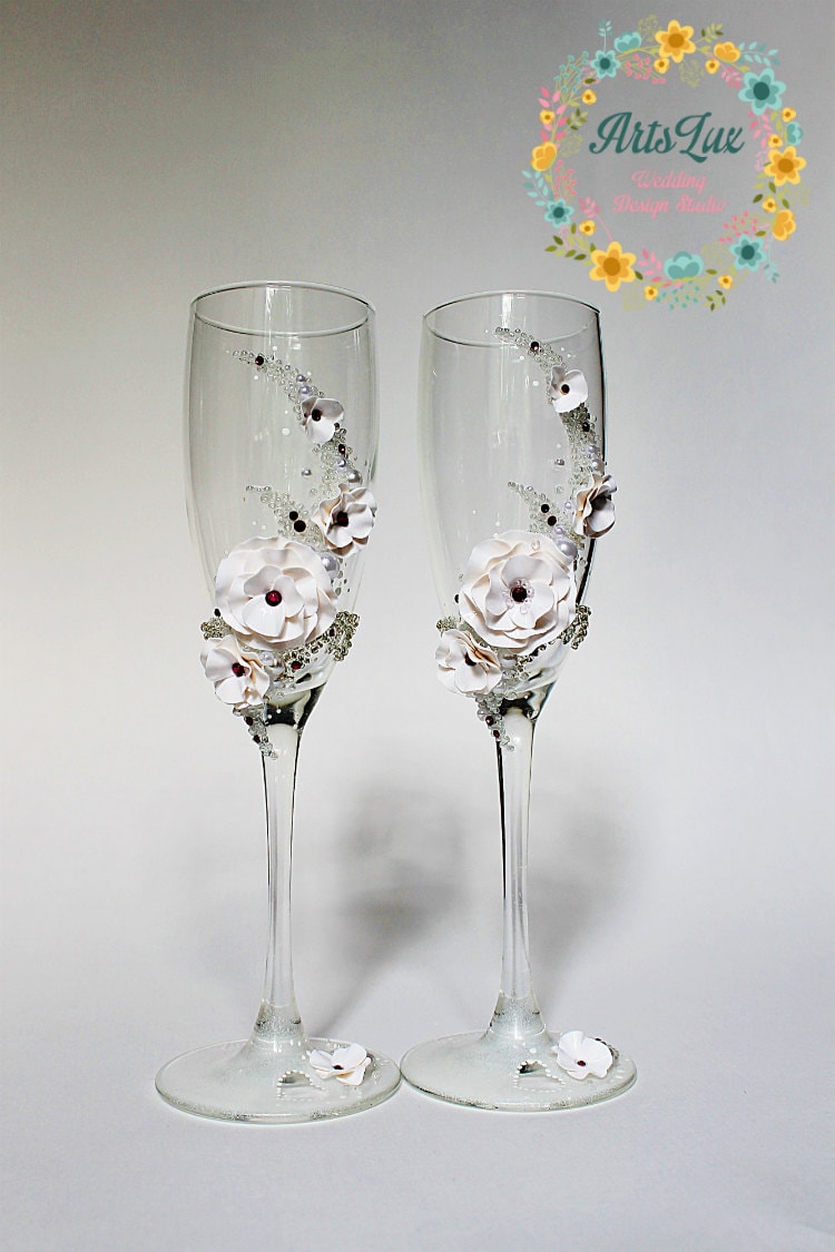 Wedding champagne glasses with Swarovski crystals Wedding | Etsy