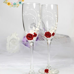 Wedding champagne glasses in Deep Red&Ivory-Floral Wedding toasting flutes-Wedding favor with roses-Wedding gift-Flower Toasting glasses