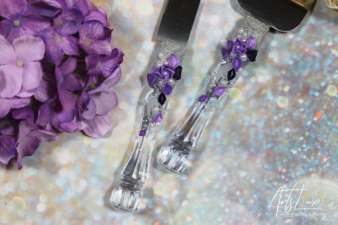 Purple Wedding Cake Knife Setfloral Cake Server&knifepearls Etsy