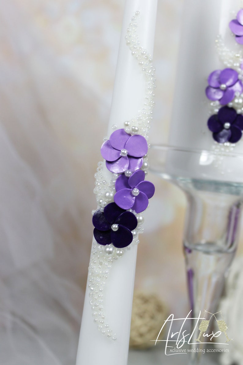 Wedding Unity Candles Set With Purple Flowersivory Pearls Etsy