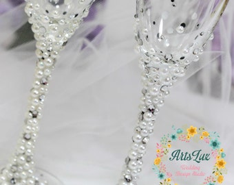 Regalo Nozze D'oro Set Di 2 Flûte Da Champagne In Cristallo Con Perle – Perfetti Per Matrimoni, Fidanzamenti E Brindisi Speciali Regali 25 Anni Di Matrimonio